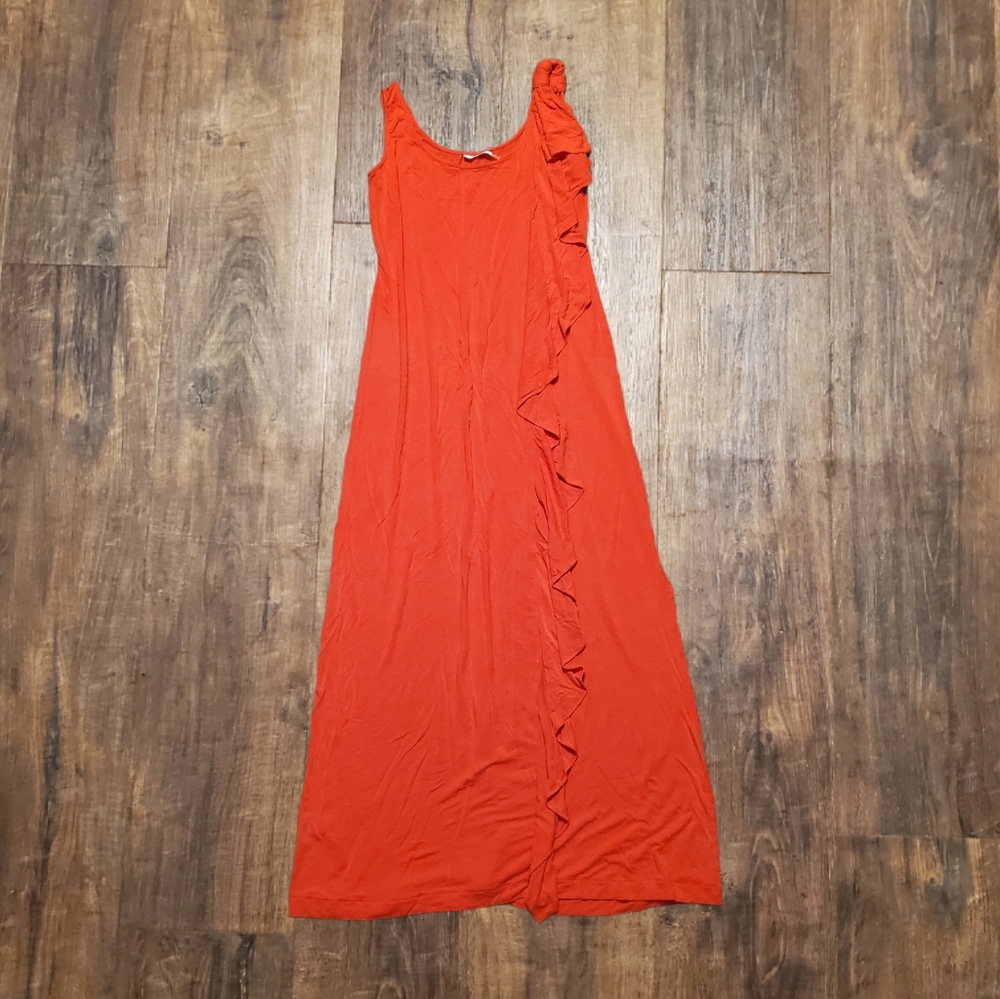 Calvin Klein 10 Red Sleeveless Ruffle Maxi Dress Womens Stretch